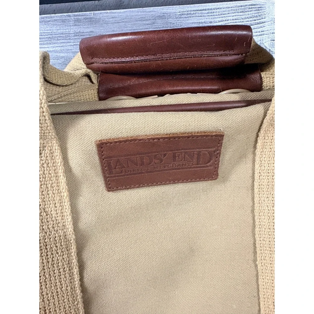 Vintage Lands' End Duffle Bag Canvas Leather USA Made Strap Beige